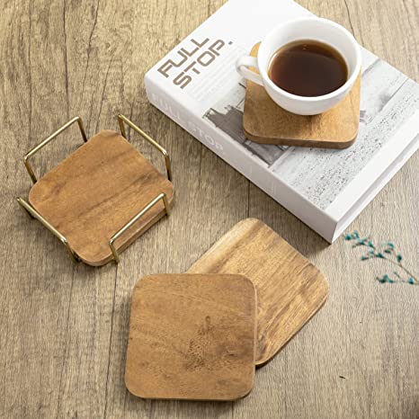 Set of 4 Natural Acacia Solid Wood Coasters with Brass Tone Plated Metal Wire Rack-MyGift