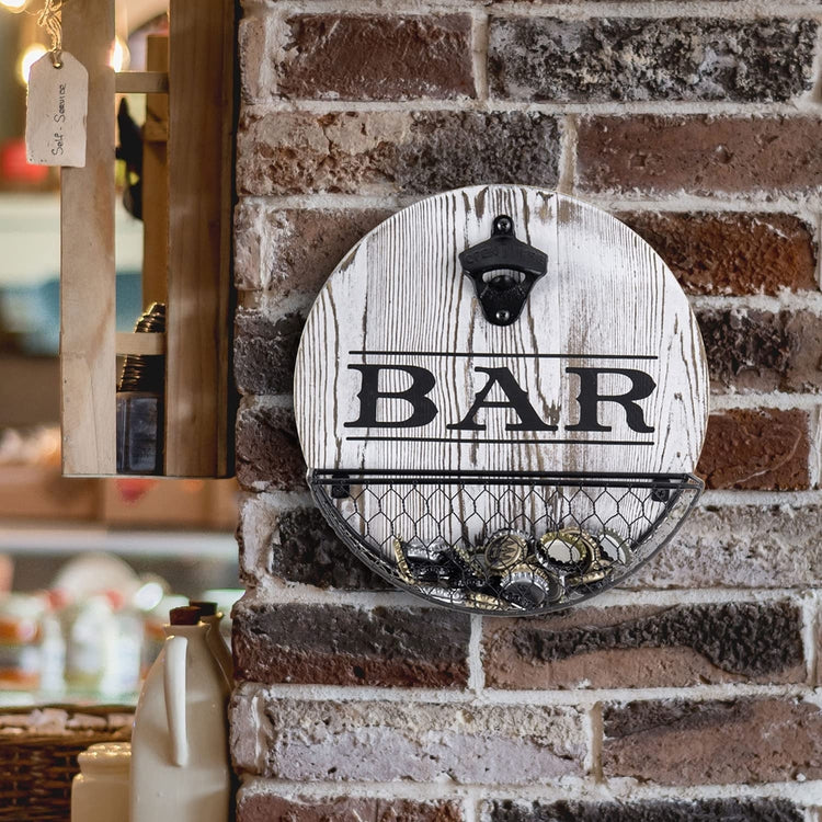 Vintage Bar Sign, Whitewashed Wood Wall Decor and Metal Bottle Opener and Mesh Wire Bottle Cap Catcher Basket