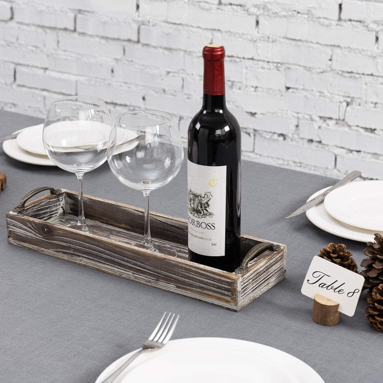 Torched 16-inch Wood Rectangular Serving Tray with Decorative Antique Metal Handles