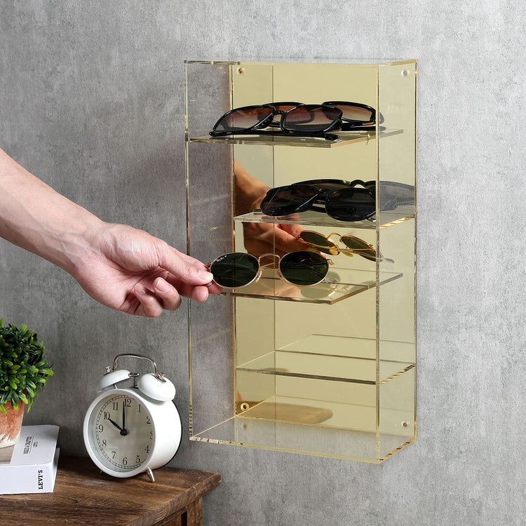 Acrylic Wall Mounted Sunglasses Holder Organizer with Split-Level Design, Acrylic Eyewear Display Case Shelf