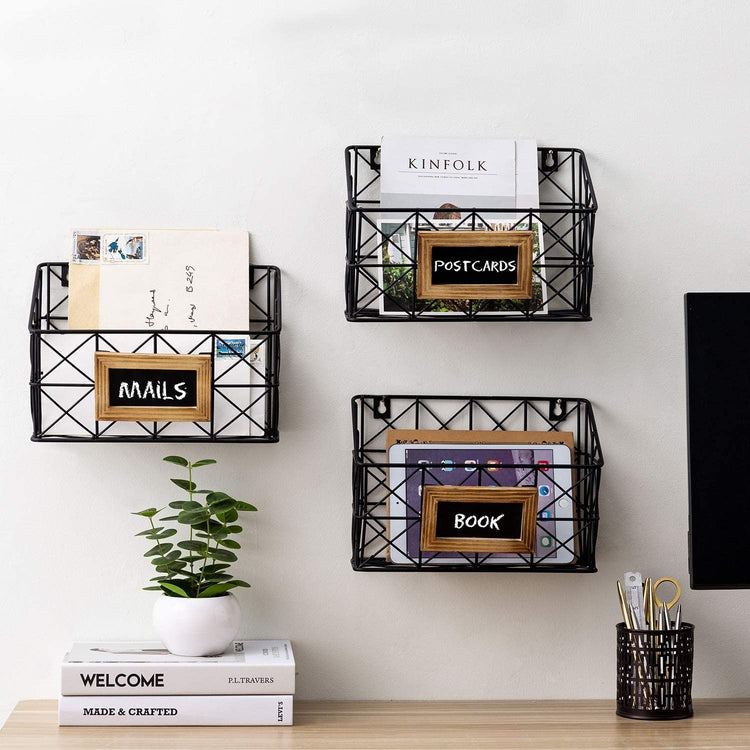 Wall Mounted Geometric Black Metal Wire Mail Storage Baskets with Wood Frame Chalkboard Labels, Set of 3