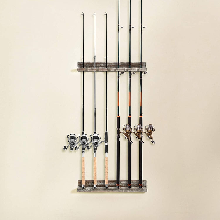 Torched Wood Vertical Fishing Pole Wall Storage Rack