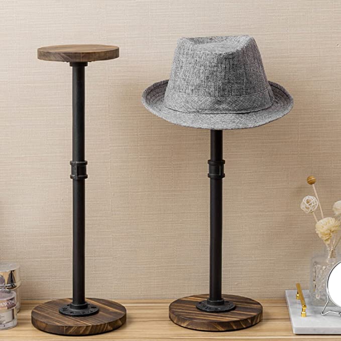 Wood Hat Holder Stand with Industrial Metal Pipe, Tabletop Hat Rack, Set of 2-MyGift
