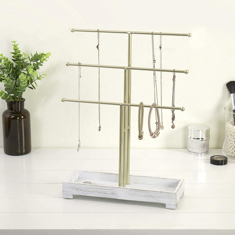Silver-Tone Jewelry Stand with Vintage White Ring Tray and 3-Tiers-MyGift