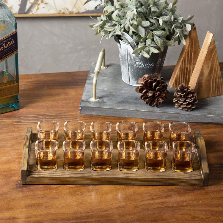 Burnt Brown Solid Wood Party Shots Serving Tray Set with 12 Shot Glasses and Cutout Handles