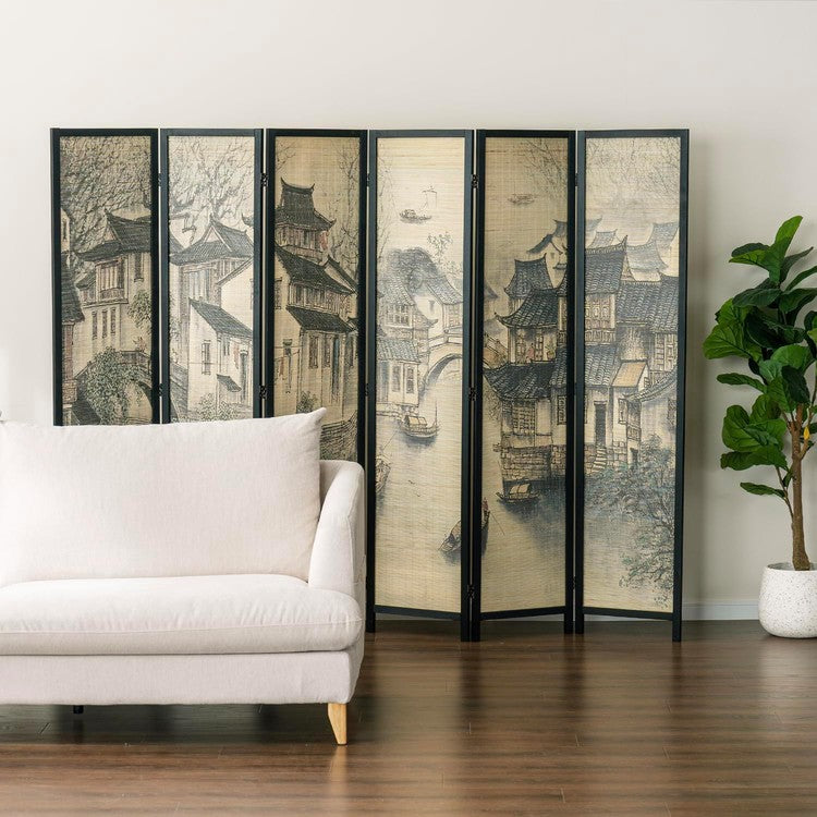 Paneled Freestanding Bamboo Room Divider Privacy Partition with Dual-Sided Asian Village Print Black Wood Folding Screen