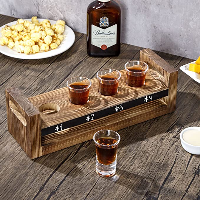 Flight Serving Caddy Set w/ Burnt Wood Tray, 4 Clear Shot Glasses and Chalkboard Label Panel
