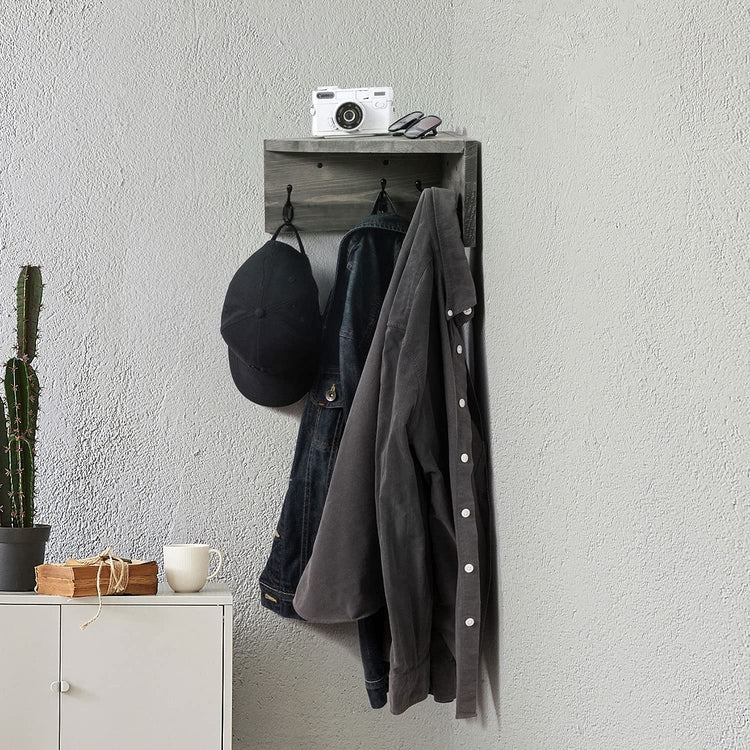 Gray Wood Wall Mounted Corner Shelf, Entryway Floating Coat Rack with 4 Hooks