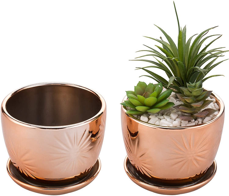 Set of 2, Rose Gold Ceramic Planter, Round Plant Pot with Starburst Design and Saucer-MyGift