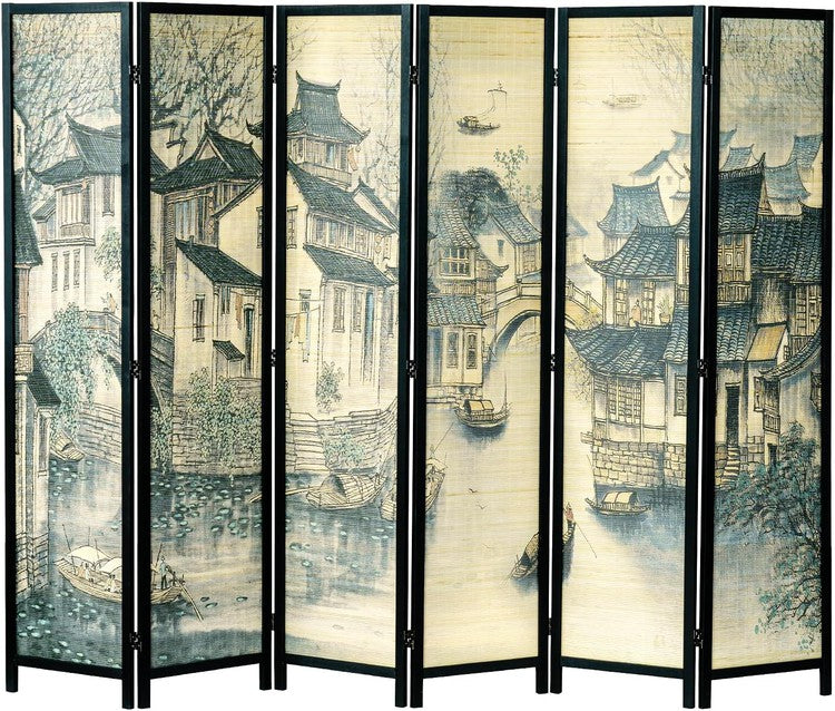 Paneled Freestanding Bamboo Room Divider Privacy Partition with Dual-Sided Asian Village Print Black Wood Folding Screen-MyGift