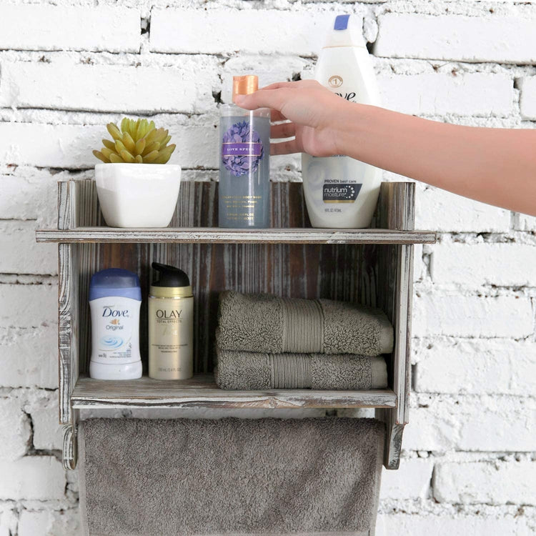 Torched Wood Bathroom Organizer - Wall Mounted Rack with 2 Shelves and Hanging Towel Bar