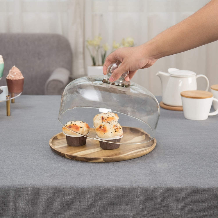 Acacia Wood Cheese & Dessert Cake Plate with Glass Dome-MyGift