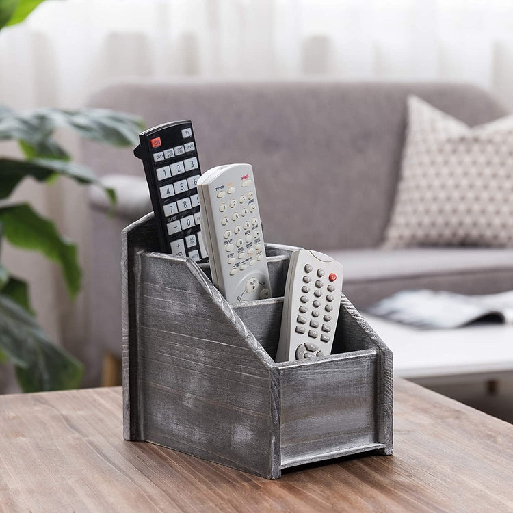 3 Slot Gray Remote Control Caddy with Whitewashed Wood Finish, Media Storage Holder Rack-MyGift