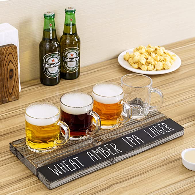 Gray & Burnt Wood Beer Flight Server Sampler Set with 4 Glasses and  Chalkboard Labels