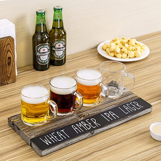 Torched Wood Beer Flight Board with 4 Beer Mugs and Erasable Chalkboard Label