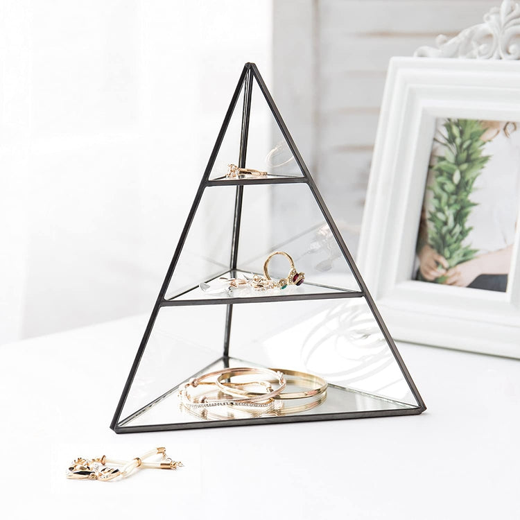 3 Tier Glass Pyramid Jewelry Stand Display Case with Black Metal Frame MyGift