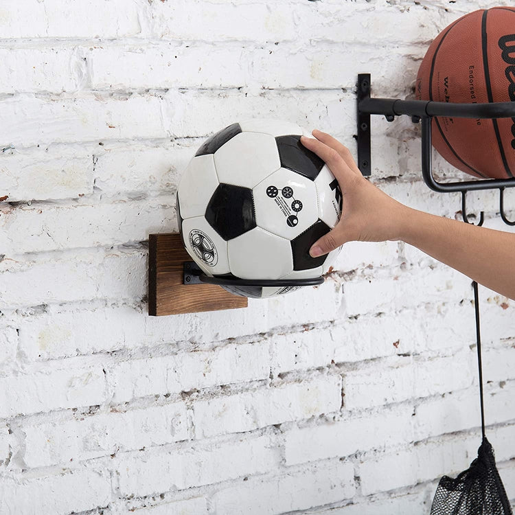 Set of 2, Wood & Metal Sport Ball Storage Rack & Wall-Mounted Sporting Equipment Display Holder-MyGift