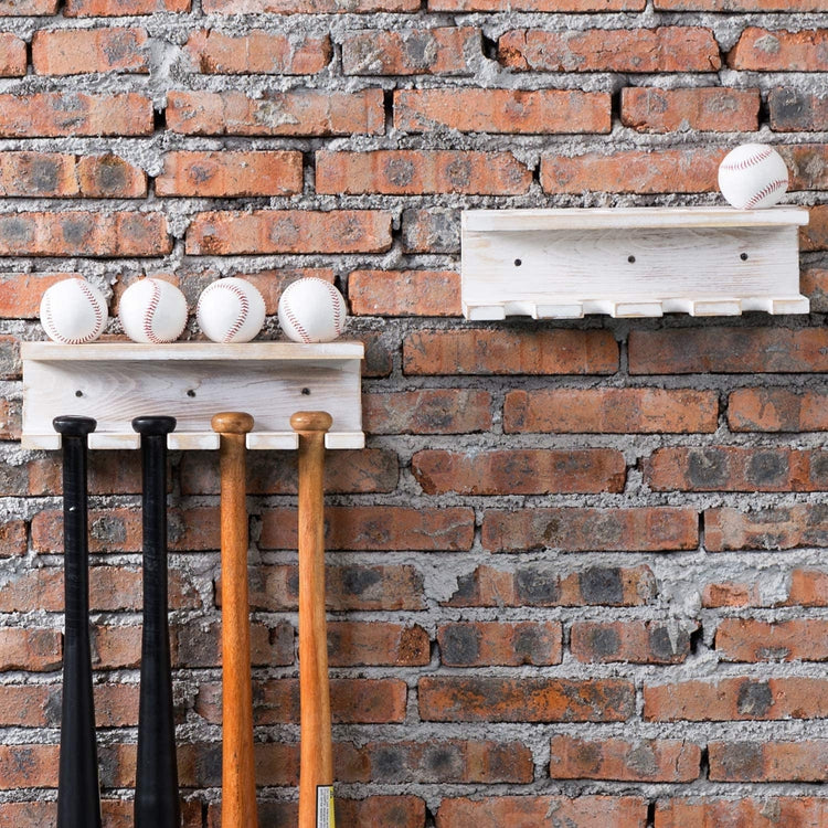 Wall Mounted Whitewashed Wood Baseball Bat Rack & Ball Storage Shelf Rack, Set of 2