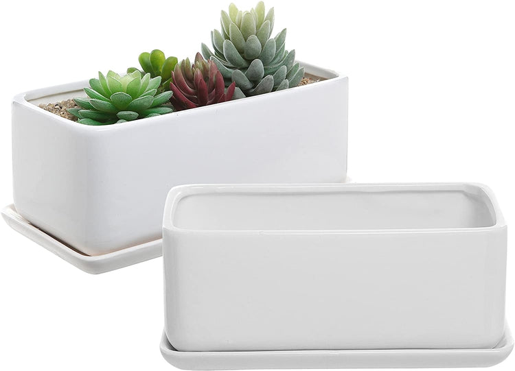 Set of 2, White Rectangular 10 inch Succulent Planter Pots with Removable Drip Tray-MyGift