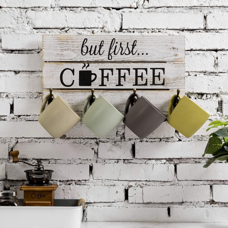 8-Hook But First Coffee Whitewashed Wood Mug Storage Rack and Sign