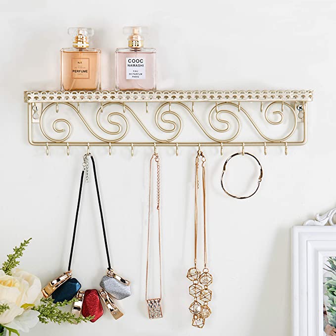 Gold-Tone Metal Wall-Mounted Jewelry & Cosmetics Shelf with 25 Necklace Hooks