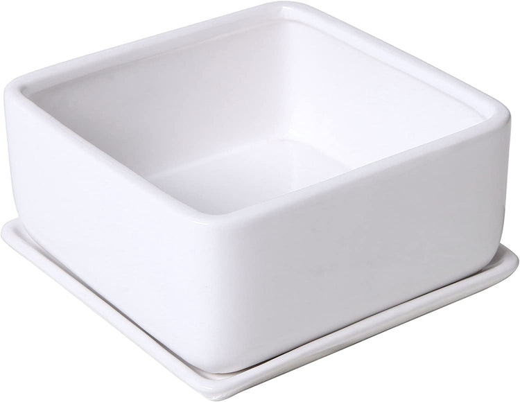 Modern 7 inch Square White Ceramic Succulent Planter Pot with Drainage Tray, Window Box & Saucer-MyGift