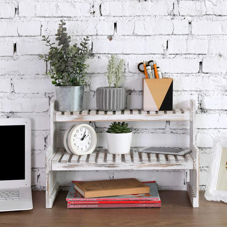 Whitewashed 2 Tier Tabletop Wood Plant Display Riser Stand, Media Storage Rack, Desktop Shelves
