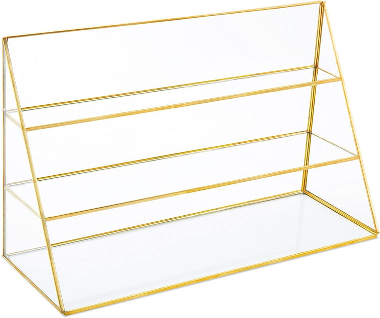3-Tier Glass Jewelry Display Case with Gold-Tone Metal Frame-MyGift