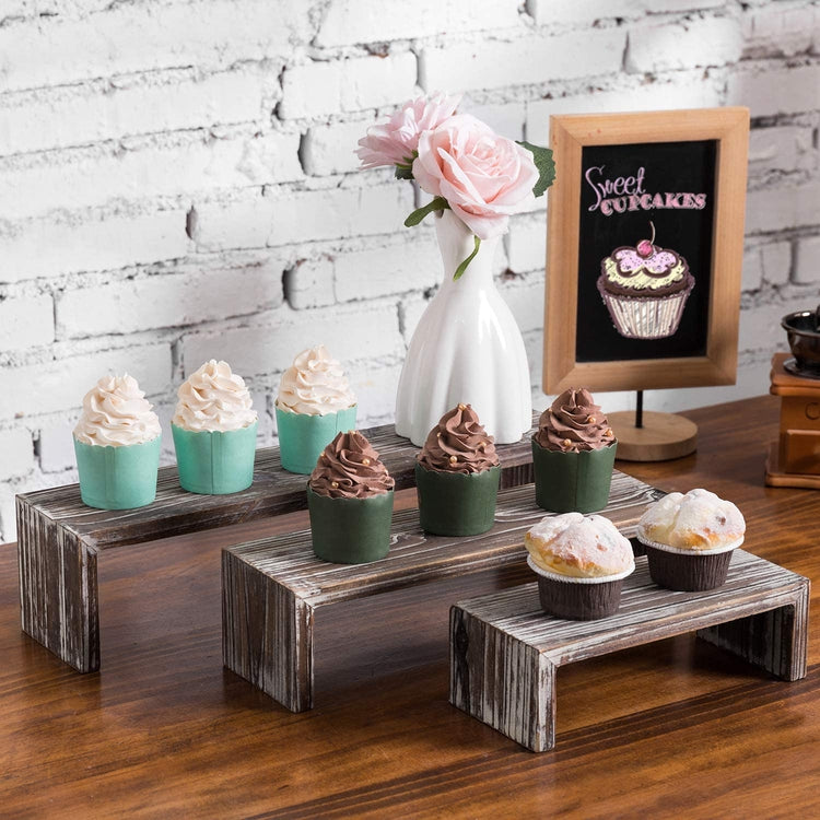 Torched Wood Nesting Decorative Tabletop Display Riser Stands, Set of 3 Cupcake Stands