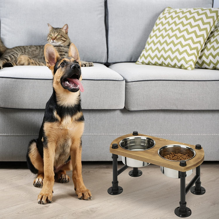Industrial Burnt Wood and Black Metal Pipe Raised Pet Feeder, 2 Removable Stainless Steel Bowls