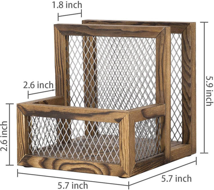 Rustic Burnt Wood Kitchen Tabletop Napkin Holder Rack, Salt & Pepper Shaker Storage-MyGift