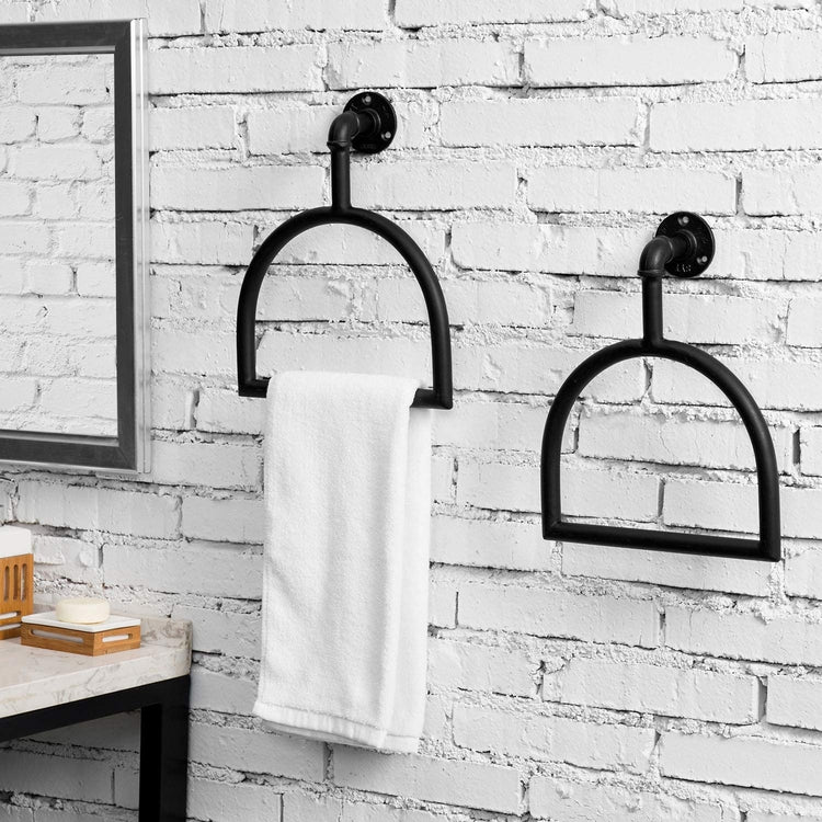 Set of 2, Wall Mounted Matte Black Stirrup-Shaped Hand Towel Rings, Industrial Pipe Bathroom Towel Holder-MyGift