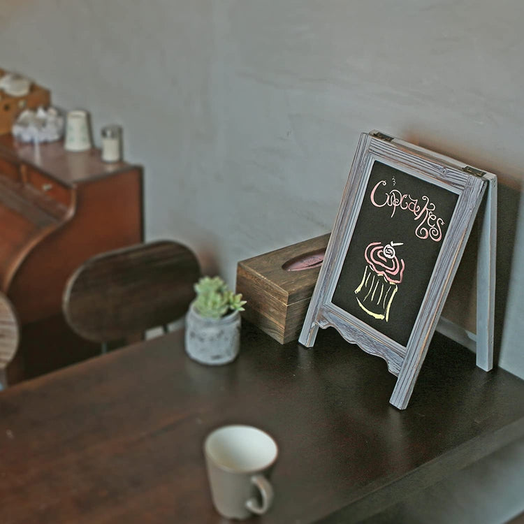 Rustic Distressed Brown Wood A-Frame Tabletop Double-Sided Easel Style Chalkboard with Scalloped Bottom-MyGift