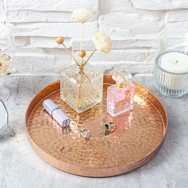 Hammered Copper Round Tray, Aluminum Plated Serving Display Platter and Vanity Tray-MyGift