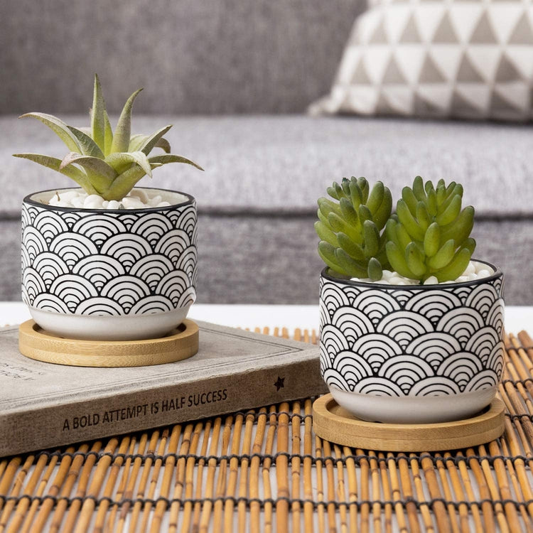 3-inch Black and White Japanese Style Wave Ceramic Planter with Removable Bamboo Tray, Set of 2
