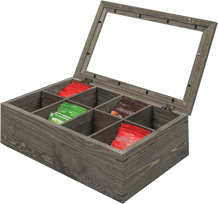 8 Compartment Gray Wood Tea Bag Storage Chest with Clear Lid, Magnetic Lid Tea Box-MyGift