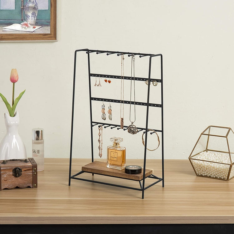 4 Tier Black Metal Jewelry Storage Stand with Wooden Base