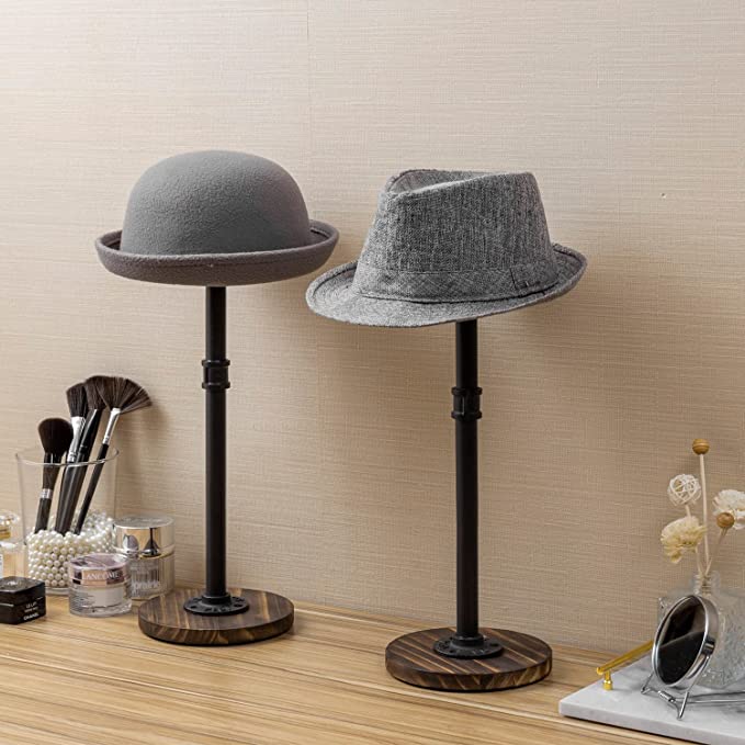 Wood Hat Holder Stand with Industrial Metal Pipe, Tabletop Hat