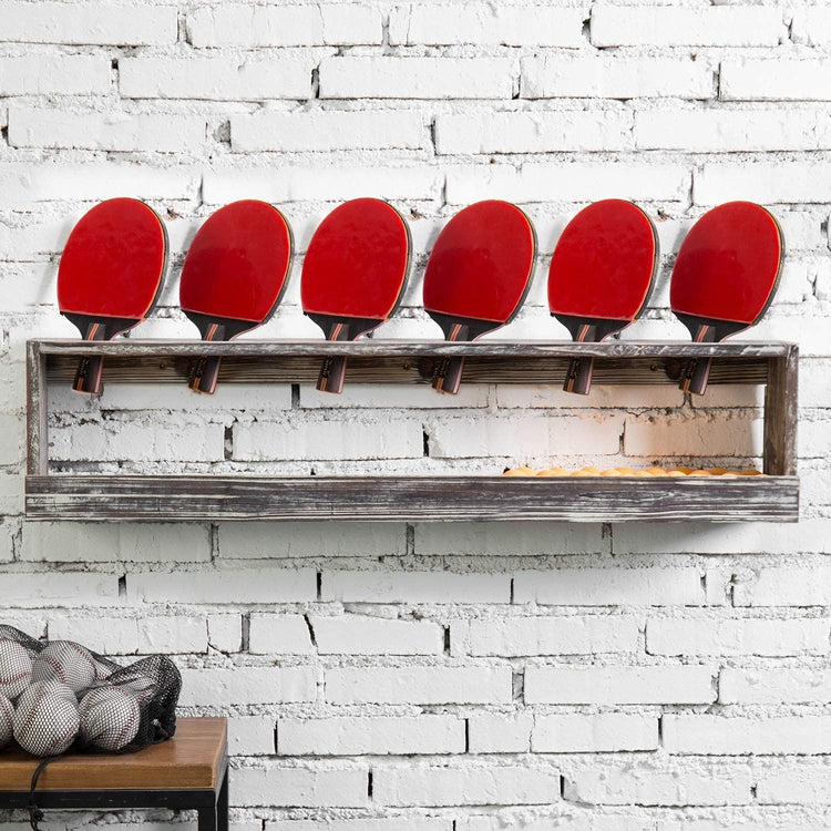 Torched Wood Wall Mounted Ping Pong Paddle Display Rack with Ball Storage Holder Shelf