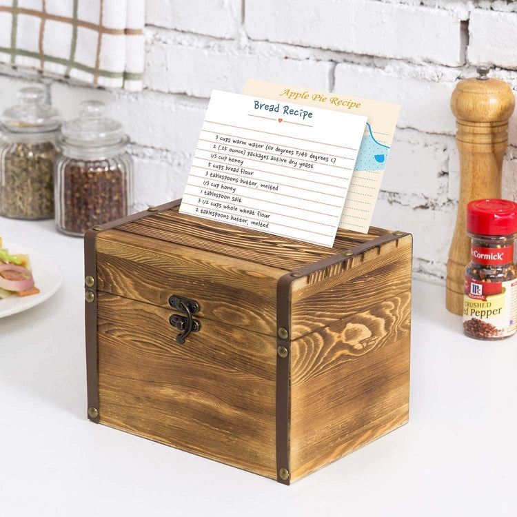 Rustic Burnt Wood 7.5 in x 6 in 3 Compartment Recipe Card Box Holder