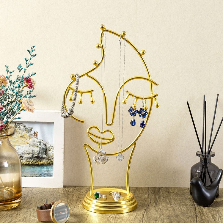 Brass Tone Metal Wire Abstract Face Design Jewelry Rack Stand with Ring Dish, Tabletop Necklace Bracelet Earring Hanger