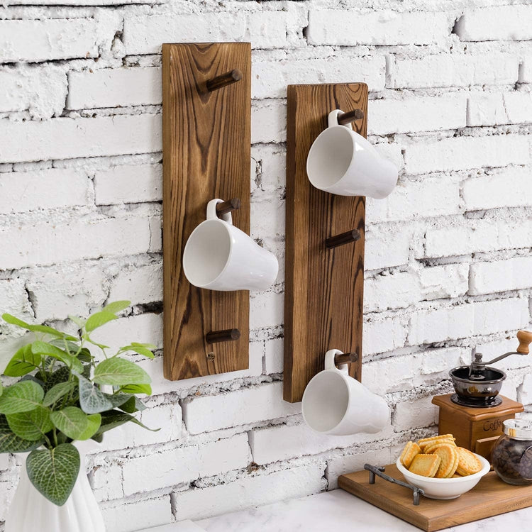 Set of 2, Burnt Wood Wall Mounted 3-Hook Mug Hanging Storage Rack-MyGift