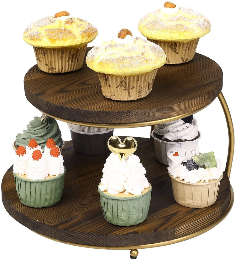 2-Tier Pizza Rack, Cupcake Display Stand with Round Wood Trays and Gold Tone Metal Frame-MyGift