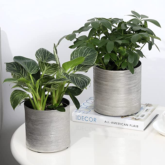 Round Indoor Planter Pot, Silver Aluminum Tone Metal Succulent Planter, Set of 2
