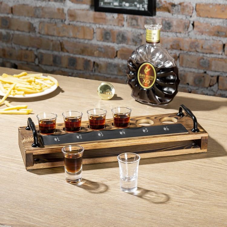 Tequila Shot Glass Liquor Flight Tasting Set Includes Burnt Wood Serving Tray with Chalkboard Panel and 6 Shot Glasses