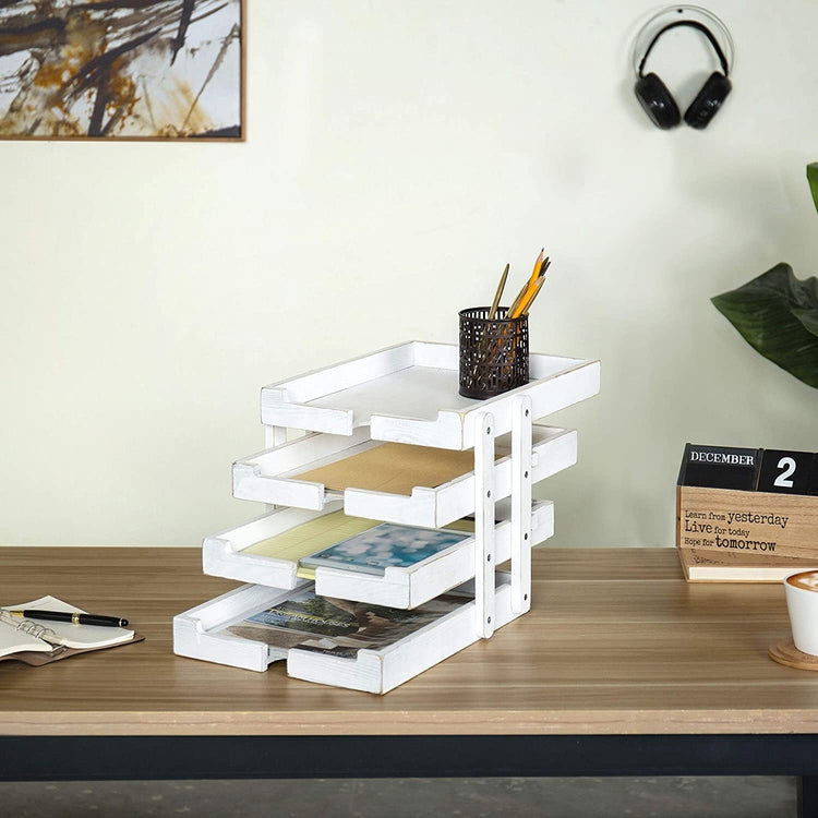 Vintage White Wood File & Document Tray with 4-Tiers, Collapsible & Expandable
