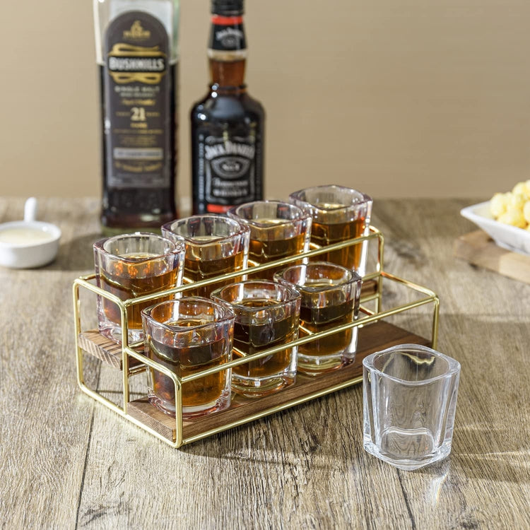 2-Tier Brass Tone Metal and Burnt Wood Party Shots Server Tray with 8 Shot Glasses
