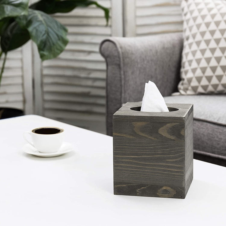 Vintage Gray Wood Square Tissue Box Cover with Slide-Out Panel
