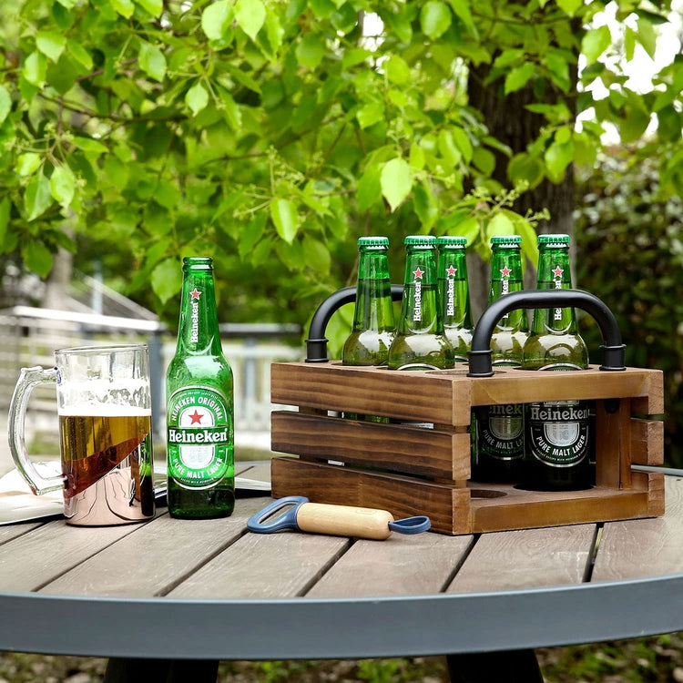 Crate Style Burnt Wood and Black Metal Beer Bottle Server Caddy with Handles