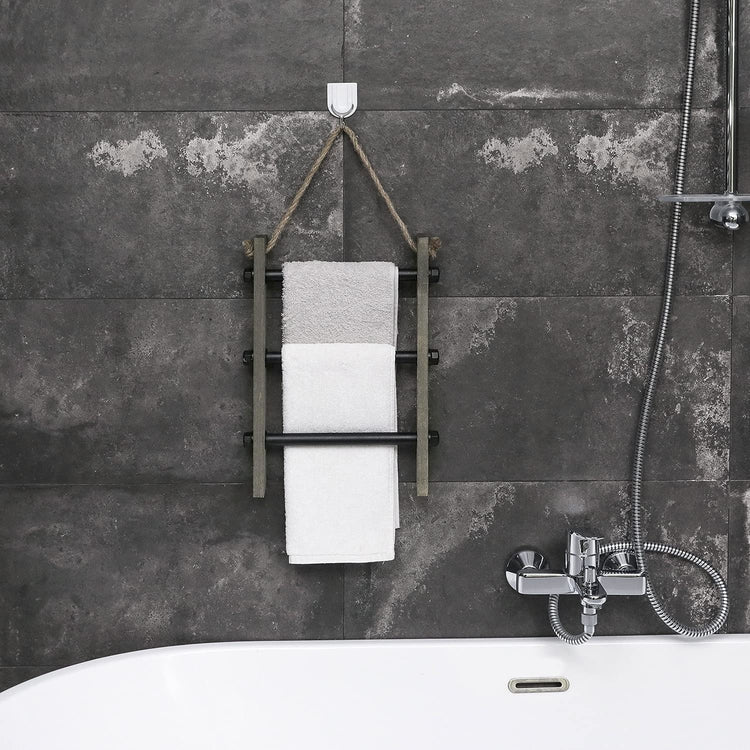 3-Tiered Industrial Pipe and Grey Wood Wall Mounted Rope Hanging Hand Towel Holder